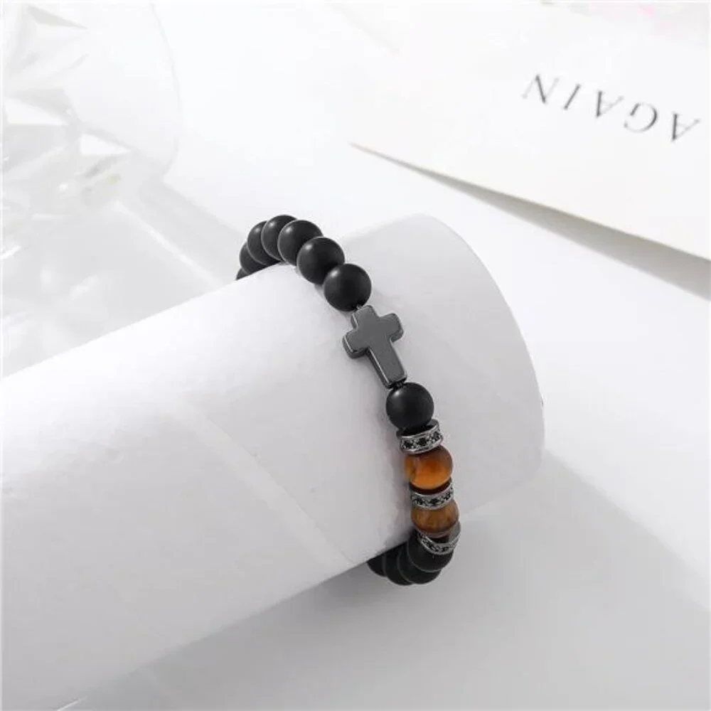 Mens Cross Bracelet Black Tiger Eye Beads Adjustable Christian Religious Gift